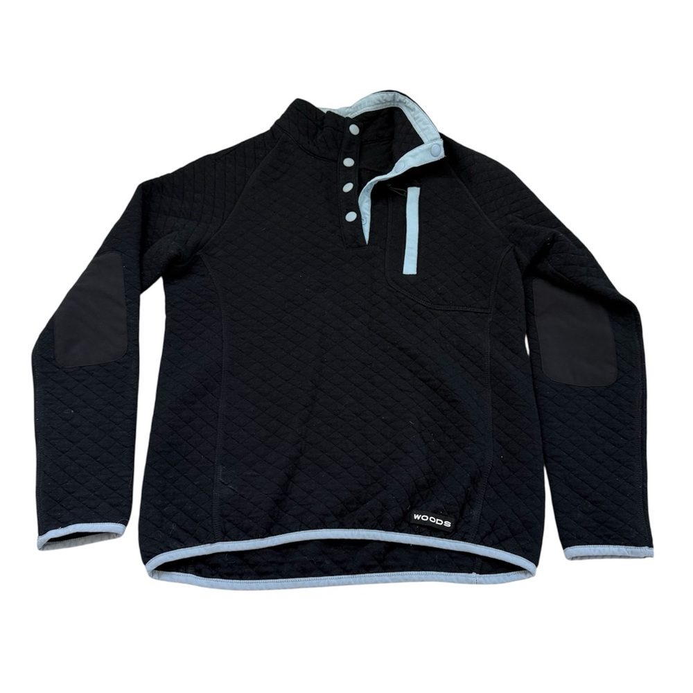 Woods XS Farnham Quilted Cotton Pullover black blue half button long sleeve cozy
